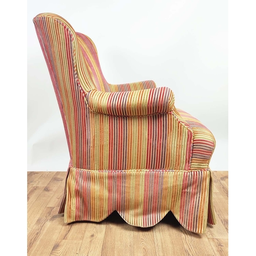 184 - ARMCHAIRS, a pair, each 79cm H x 65cm W, in rainbow striped upholstery with scalloped shirts. (2)