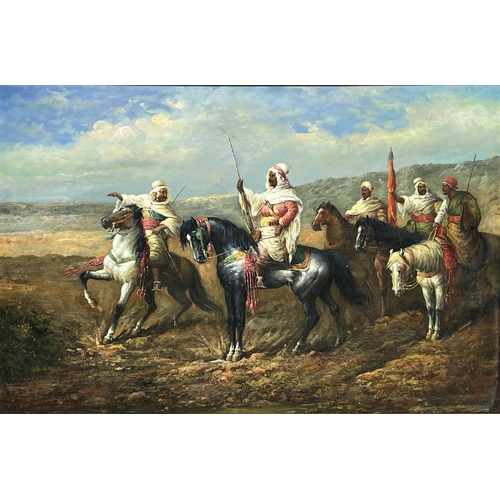 42 - MANNER OF ADOLF SCHREYER, 'Arabian Horseman', oil on canvas, 60cm x 90cm.