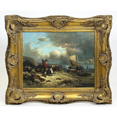 67 - MANNER OF WILLIAM SHAYER, 'Figures on a Beach with Fishing Boats', oil on canvas, 50cm x 59cm, frame... 