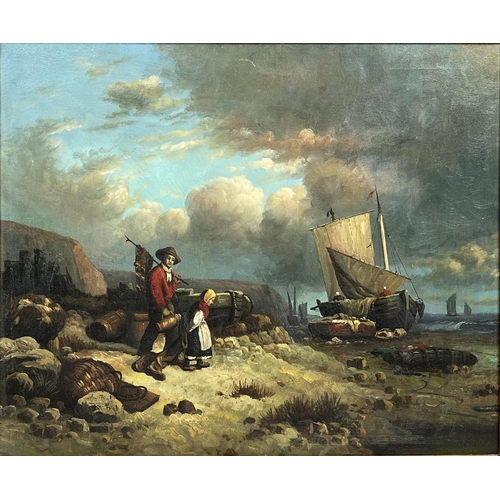 67 - MANNER OF WILLIAM SHAYER, 'Figures on a Beach with Fishing Boats', oil on canvas, 50cm x 59cm, frame... 