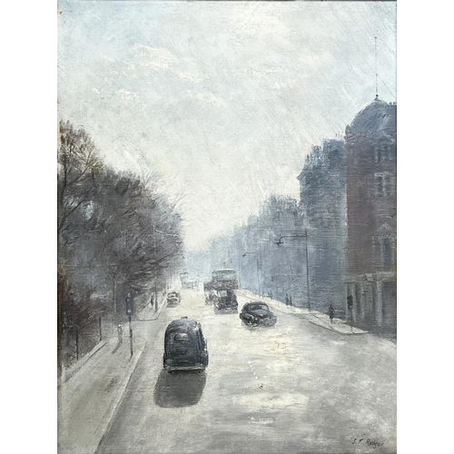 71 - SIDNEY ROBERTSON RODGER (British 1916-1981), 'London Street Scene (possibly Sloane Street)', oil on ... 