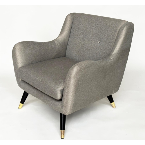 302 - HOOPER ARMCHAIR, 1960's style with silver grey upholstery and outswept brass capped supports, 83cm W... 