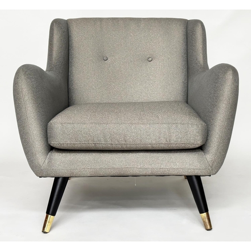 302 - HOOPER ARMCHAIR, 1960's style with silver grey upholstery and outswept brass capped supports, 83cm W... 