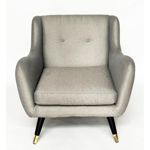 302 - HOOPER ARMCHAIR, 1960's style with silver grey upholstery and outswept brass capped supports, 83cm W... 