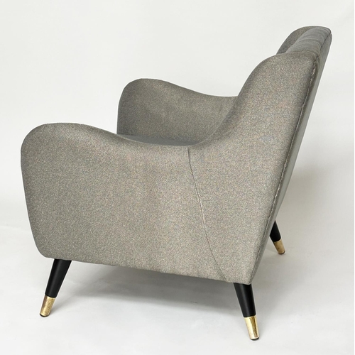 302 - HOOPER ARMCHAIR, 1960's style with silver grey upholstery and outswept brass capped supports, 83cm W... 