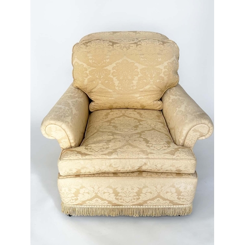 141 - ARMCHAIR, Howard style gold brocade upholstery with scroll arm and feather filled cushion pads, 92cm... 