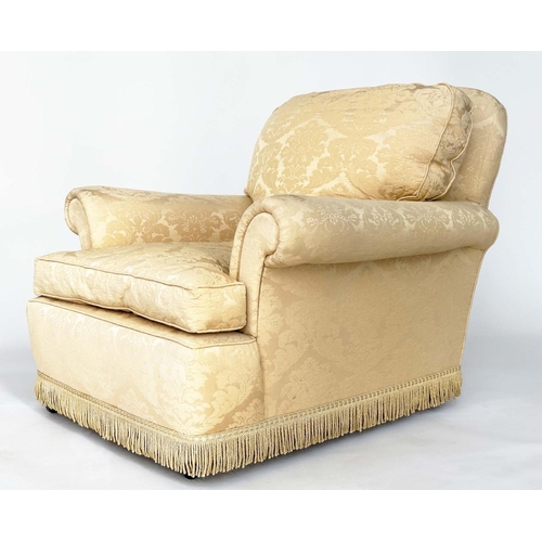 141 - ARMCHAIR, Howard style gold brocade upholstery with scroll arm and feather filled cushion pads, 92cm... 