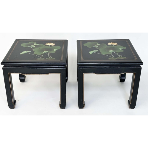 142 - OCCASIONAL TABLES, a pair, square Chinese lacquered with gilt and polychrome lily decoration, 51cm x... 