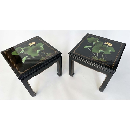 142 - OCCASIONAL TABLES, a pair, square Chinese lacquered with gilt and polychrome lily decoration, 51cm x... 