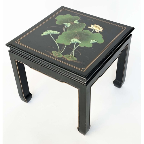 142 - OCCASIONAL TABLES, a pair, square Chinese lacquered with gilt and polychrome lily decoration, 51cm x... 