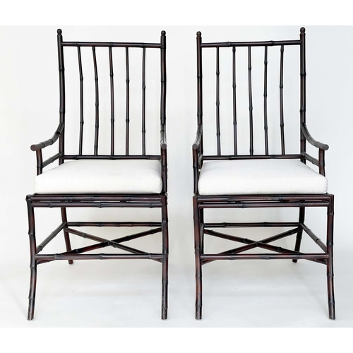 143 - BAMBOO ARMCHAIRS, a pair, verandah style stained bamboo each with high rail back and cotton cushion,... 