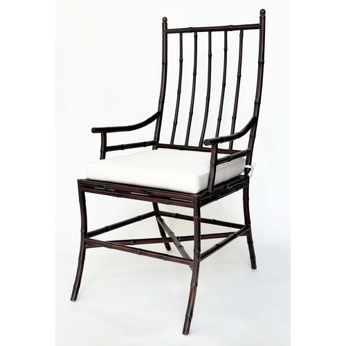 143 - BAMBOO ARMCHAIRS, a pair, verandah style stained bamboo each with high rail back and cotton cushion,... 