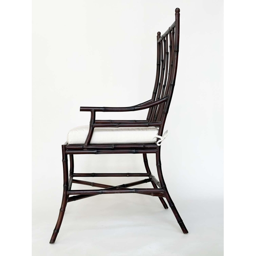 143 - BAMBOO ARMCHAIRS, a pair, verandah style stained bamboo each with high rail back and cotton cushion,... 