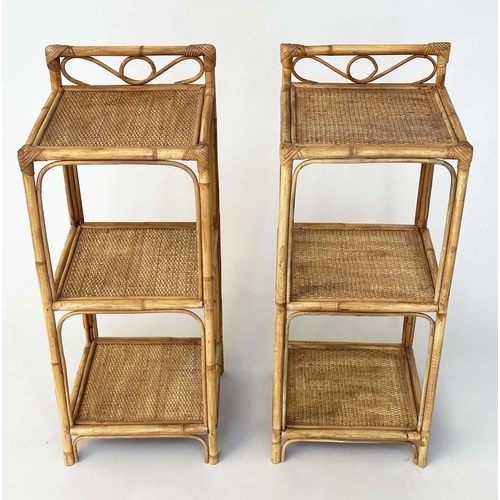 144 - OCCASIONAL TABLES, a pair, rattan framed wicker panelled and cane-bound each with three tiers, 77cm ... 