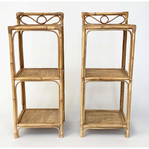 144 - OCCASIONAL TABLES, a pair, rattan framed wicker panelled and cane-bound each with three tiers, 77cm ... 