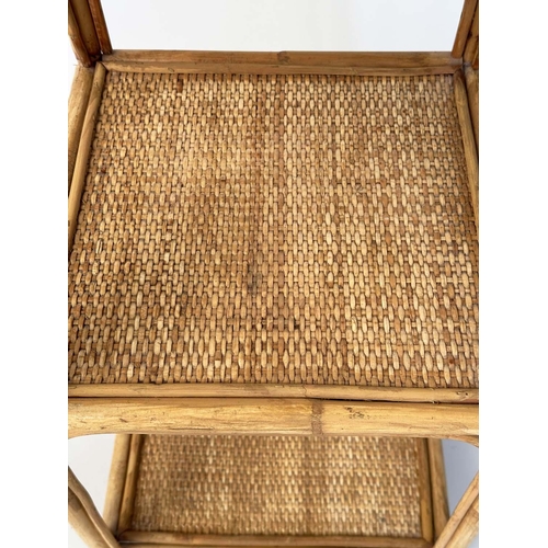 144 - OCCASIONAL TABLES, a pair, rattan framed wicker panelled and cane-bound each with three tiers, 77cm ... 