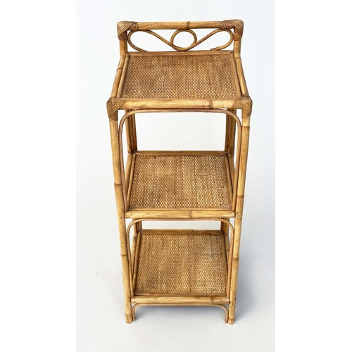 144 - OCCASIONAL TABLES, a pair, rattan framed wicker panelled and cane-bound each with three tiers, 77cm ... 