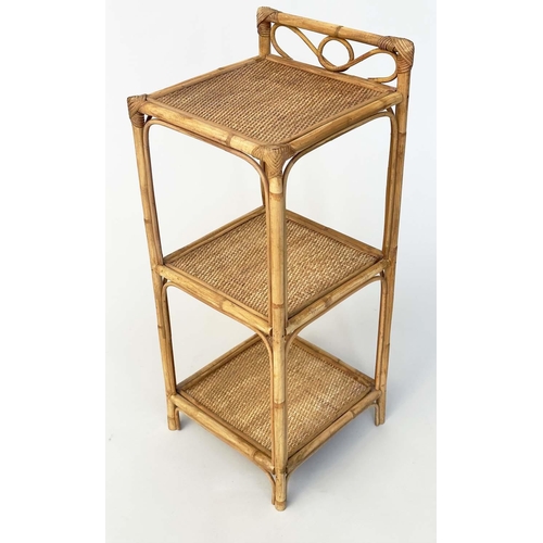 144 - OCCASIONAL TABLES, a pair, rattan framed wicker panelled and cane-bound each with three tiers, 77cm ... 