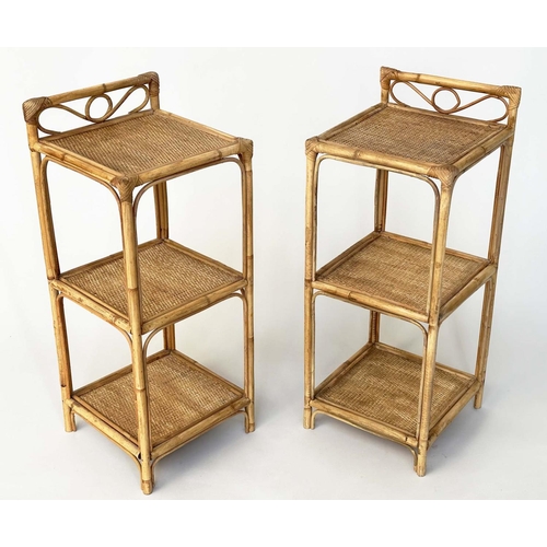 144 - OCCASIONAL TABLES, a pair, rattan framed wicker panelled and cane-bound each with three tiers, 77cm ... 