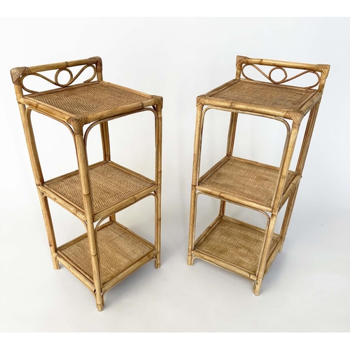 144 - OCCASIONAL TABLES, a pair, rattan framed wicker panelled and cane-bound each with three tiers, 77cm ... 