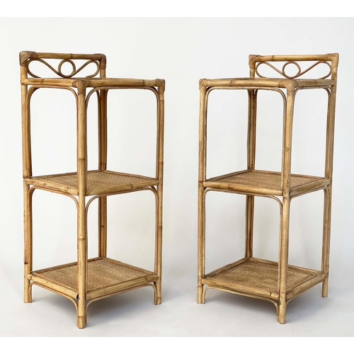 144 - OCCASIONAL TABLES, a pair, rattan framed wicker panelled and cane-bound each with three tiers, 77cm ... 