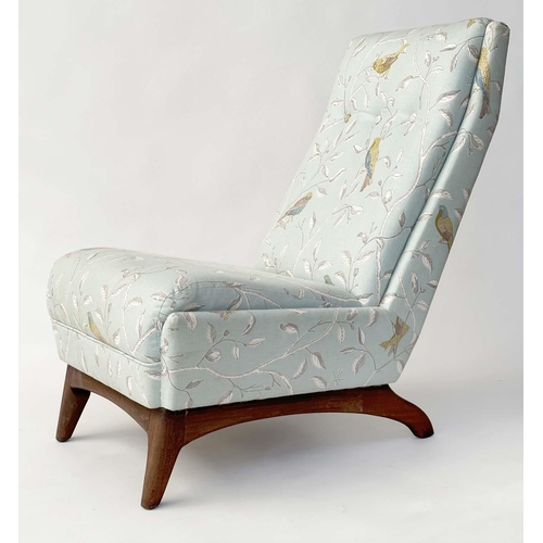 145 - NURSING CHAIR, 1970s teak framed with Sanderson Duck egg blue 'finger' print fabric with button back... 