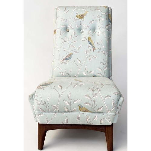 145 - NURSING CHAIR, 1970s teak framed with Sanderson Duck egg blue 'finger' print fabric with button back... 