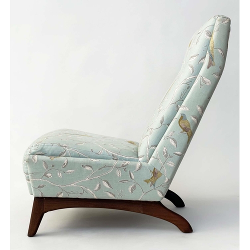 145 - NURSING CHAIR, 1970s teak framed with Sanderson Duck egg blue 'finger' print fabric with button back... 