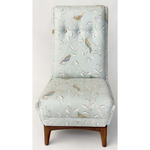 145 - NURSING CHAIR, 1970s teak framed with Sanderson Duck egg blue 'finger' print fabric with button back... 