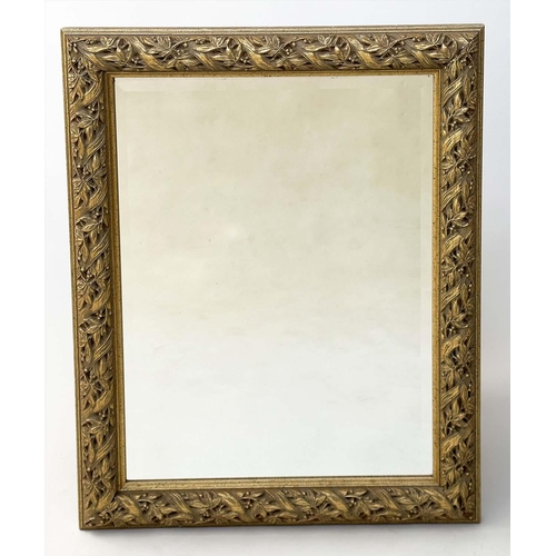 148 - WALL MIRROR, rectangular gilt composition with bevelled mirror and foliate and strap frame, 'Skopos,... 