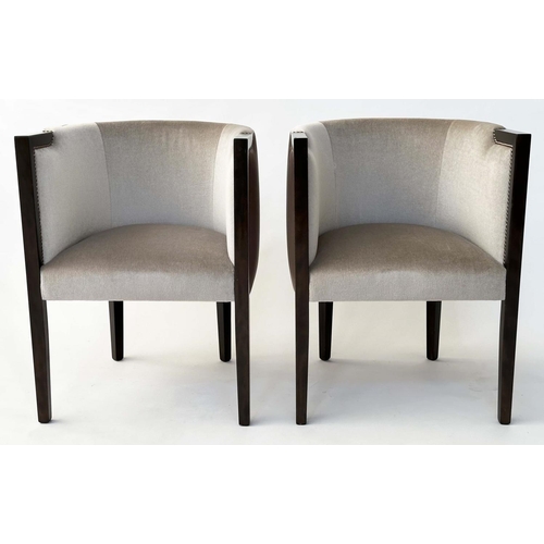 155 - ARMCHAIRS, a pair, Art Deco style studded grey upholstered. (2)