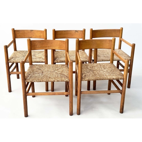 156 - DINING ARMCHAIRS, a set of five 1970s, Italian style beech framed with rush woven seats, 32cm W. (5)