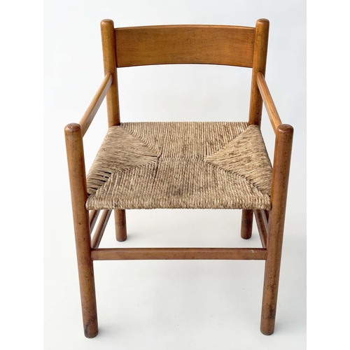 156 - DINING ARMCHAIRS, a set of five 1970s, Italian style beech framed with rush woven seats, 32cm W. (5)