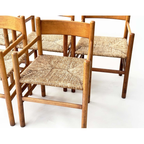 156 - DINING ARMCHAIRS, a set of five 1970s, Italian style beech framed with rush woven seats, 32cm W. (5)