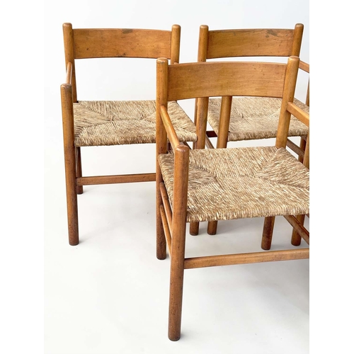 156 - DINING ARMCHAIRS, a set of five 1970s, Italian style beech framed with rush woven seats, 32cm W. (5)