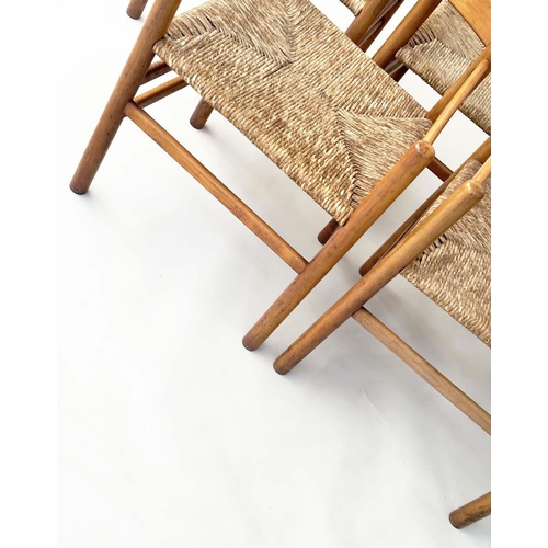 156 - DINING ARMCHAIRS, a set of five 1970s, Italian style beech framed with rush woven seats, 32cm W. (5)