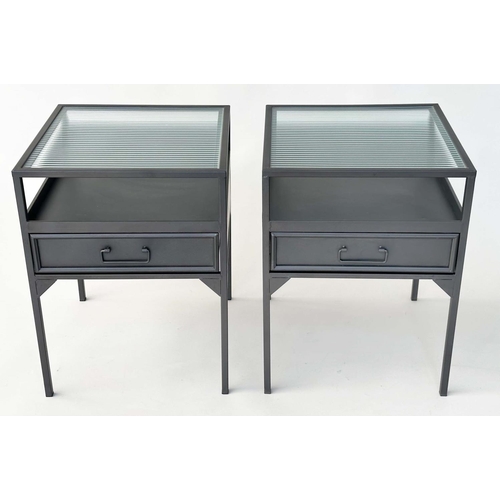 157 - SIDE TABLES, a pair, black metal framed with ridged glass, undertier and drawer, 45cm x 45cm x 61cm.... 