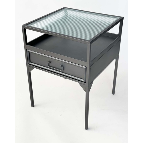 157 - SIDE TABLES, a pair, black metal framed with ridged glass, undertier and drawer, 45cm x 45cm x 61cm.... 