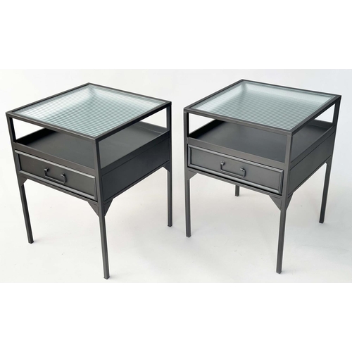 157 - SIDE TABLES, a pair, black metal framed with ridged glass, undertier and drawer, 45cm x 45cm x 61cm.... 