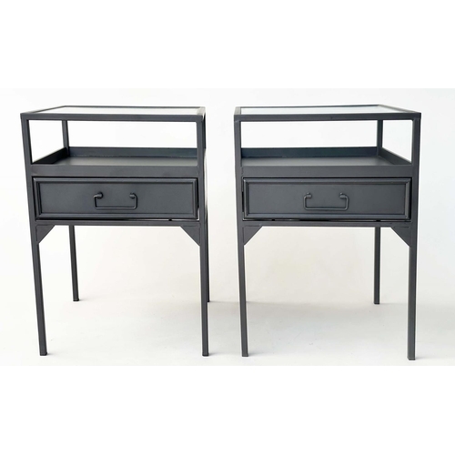 157 - SIDE TABLES, a pair, black metal framed with ridged glass, undertier and drawer, 45cm x 45cm x 61cm.... 