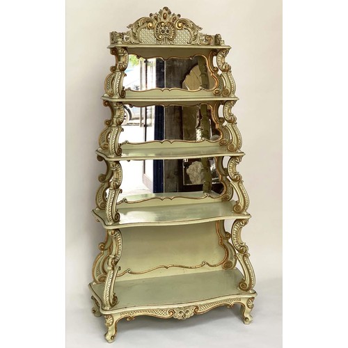 319 - DISPLAY SHELVES, Continental late 19th/early 20th century green and parcel gilt with four graduated ... 