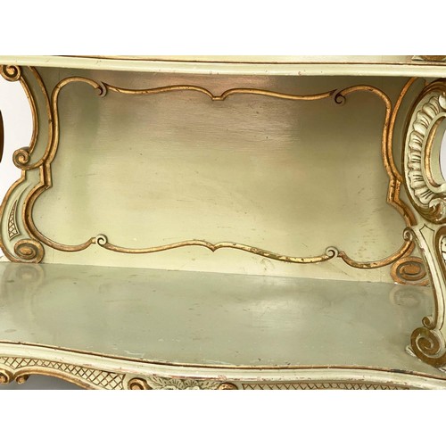 319 - DISPLAY SHELVES, Continental late 19th/early 20th century green and parcel gilt with four graduated ... 