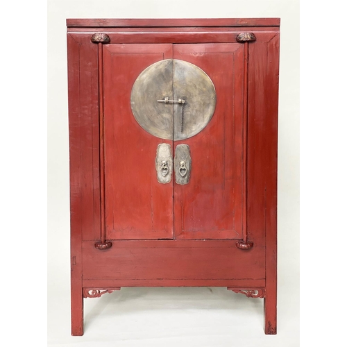 321 - MARRIAGE CABINET, 19th century Chinese scarlet lacquered with two panelled doors enclosing hanging, ... 