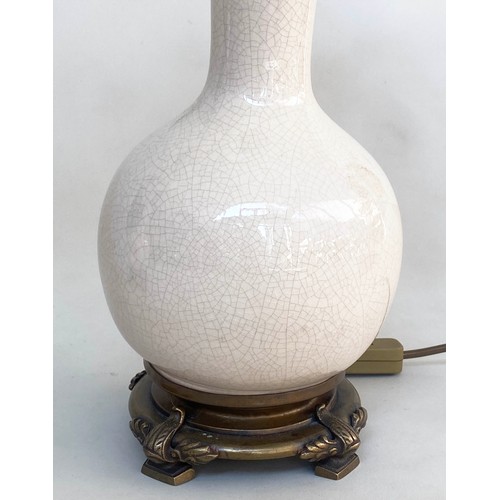 327 - TABLE LAMPS, a pair, gourd vase form crackle glaze with gilt metal mounts and shades. 58cm H (2)