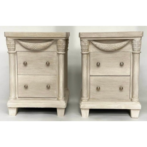 333 - BEDSIDE CHESTS, a pair, French Empire style, grey painted with swag detail and two drawers, 50cm x 4... 