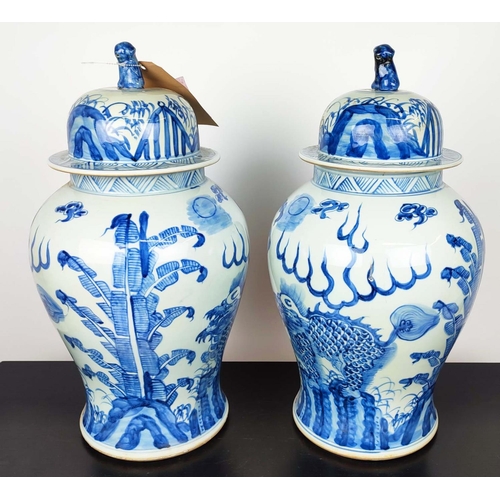 359 - TEMPLE JARS, 52cm high, 28cm diameter, a pair, Chinese Export style blue and white ceramic. (2)