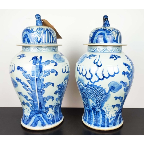 359 - TEMPLE JARS, 52cm high, 28cm diameter, a pair, Chinese Export style blue and white ceramic. (2)