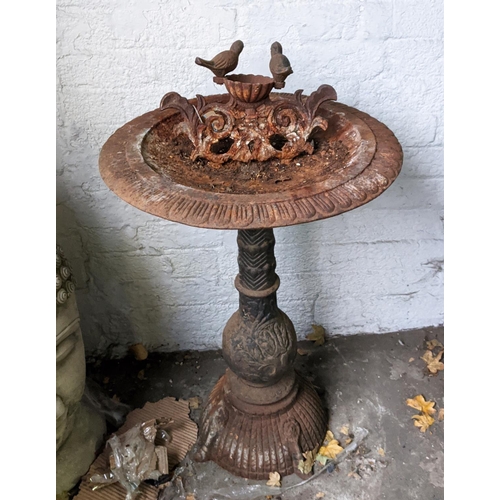 105 - BIRD BATH, 86cm H x 49cm, with bird detail cast iron.