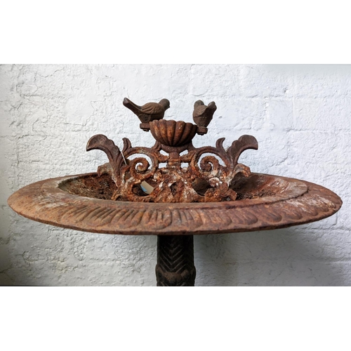 105 - BIRD BATH, 86cm H x 49cm, with bird detail cast iron.