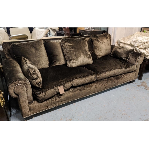 120 - SOFA, brown fabric upholstered, studded detail, 250cm.
